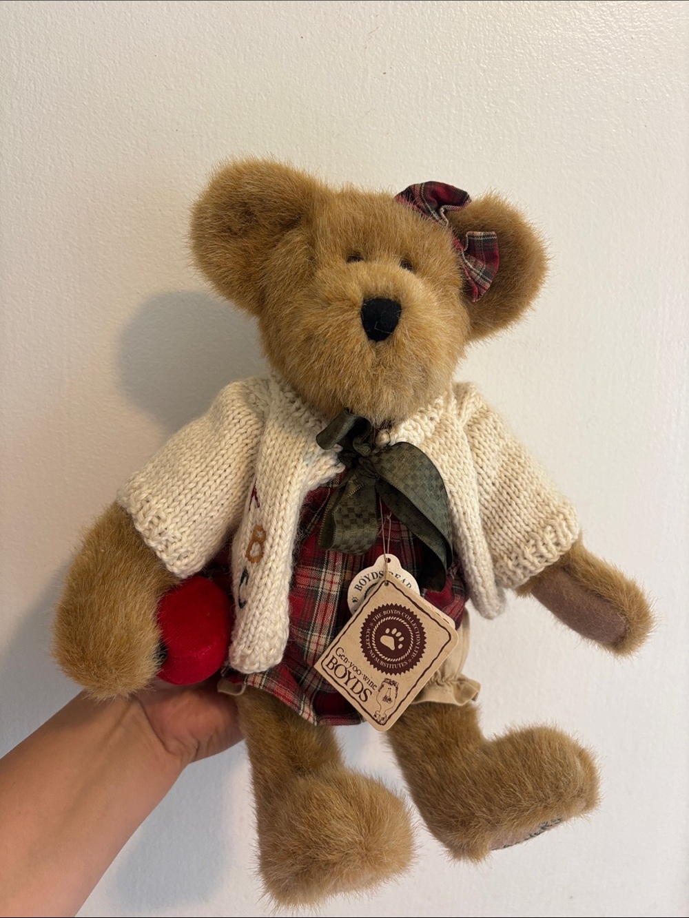 Boyds Bears Brown Plush Bear in Cream Sweater and Red Plaid Outfit